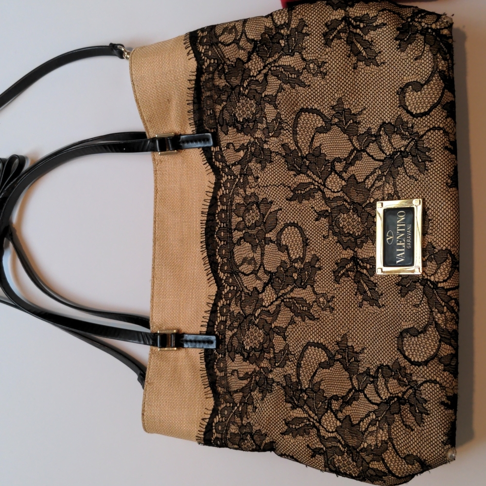 Valentino Beige and Black Lace Tote Bag - Picture 4 of 10